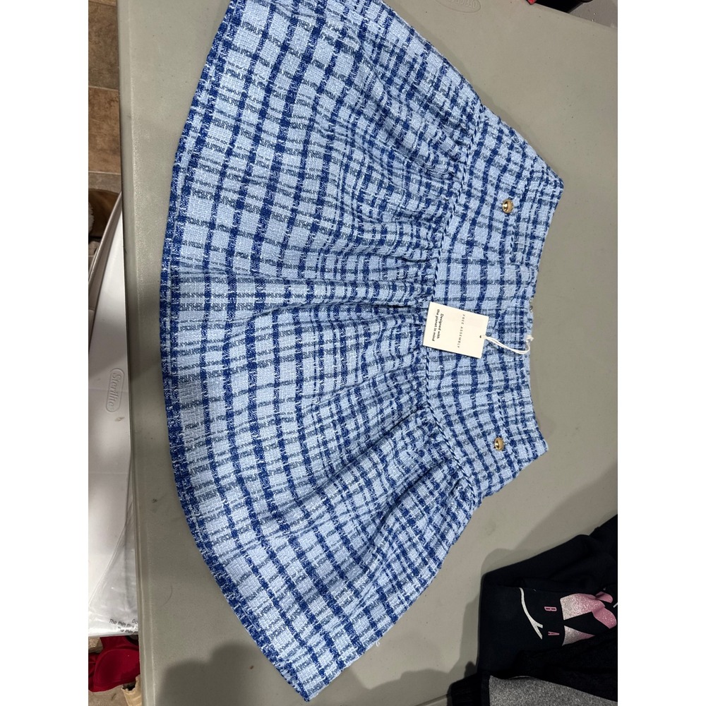 Free‎ Assembly Women Blue White Plaid Tweed Mini Skirt Gold Button Size 6 NWT